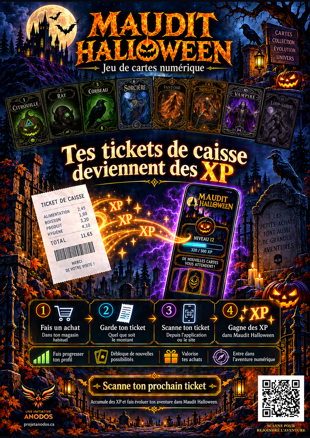 Maudit Halloween : les tickets de caisse deviennent des XP. Un ticket transmet des XP dorés aux cartes numériques sur un téléphone.