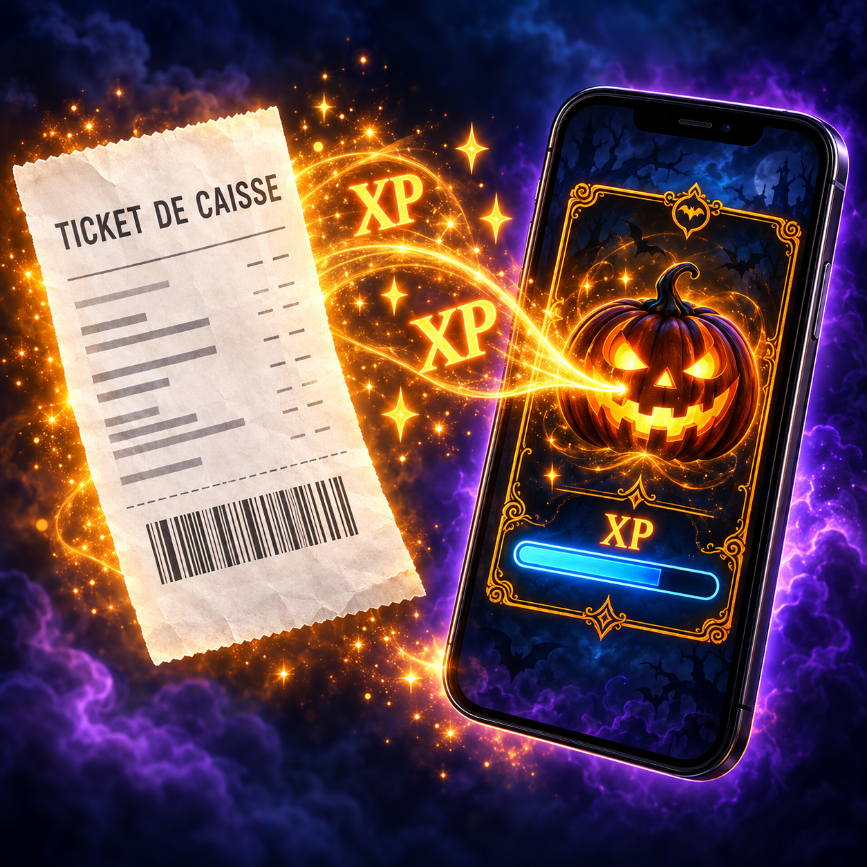 Un ticket de caisse transmet ses XP à une carte sur un téléphone.
