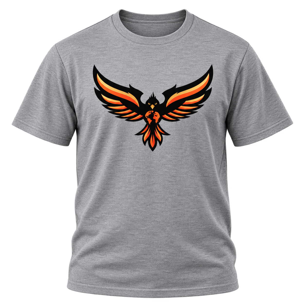 Tee-shirt gris portant le phénix Anodos noir, orange et doré.